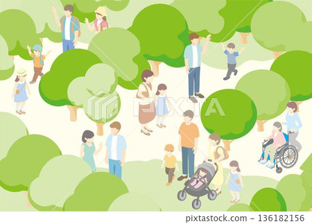 Spring/summer park landscape illustration. Background material of isometric cityscape and people relaxing Spring/summer park landscape illustration. Background material of isometric cityscape and people relaxing 136182156