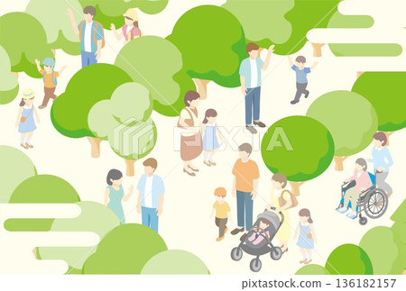 春夏公園景觀插圖。背景素材為等距城市景觀休閒的人。 春夏公園景觀插圖。背景素材為等距城市景觀休閒的人。 136182157