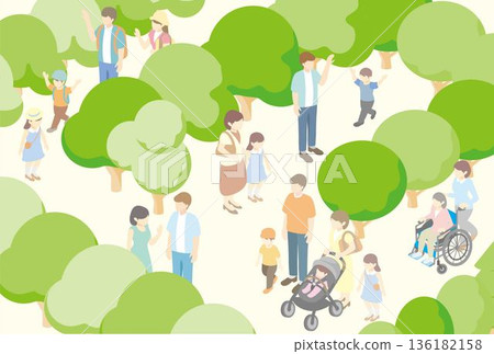 Spring/summer park landscape illustration. Background material of isometric cityscape and people relaxing 136182158