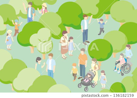 春夏公園景觀插圖。背景素材為等距城市景觀休閒的人。 春夏公園景觀插圖。背景素材為等距城市景觀休閒的人。 136182159