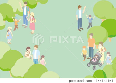 Spring/summer park landscape illustration. Background material of isometric cityscape and people relaxing Spring/summer park landscape illustration. Background material of isometric cityscape and people relaxing 136182161