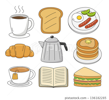 Breakfast set with cute cafe food illustration in hand drawn doodle style. 136182285