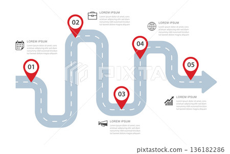 Business roadmap infographic with 5 numbered steps for success and goal. 136182286