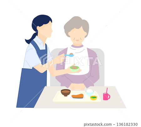 一張護理員幫助老人用餐的向量插圖。 一張護理員幫助老人用餐的向量插圖。 136182330