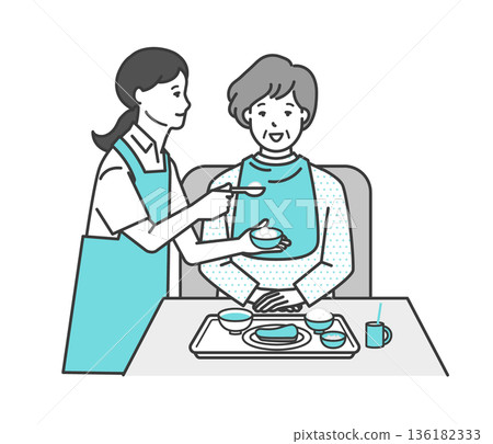 一張護理員幫助老人用餐的向量插圖。 136182333