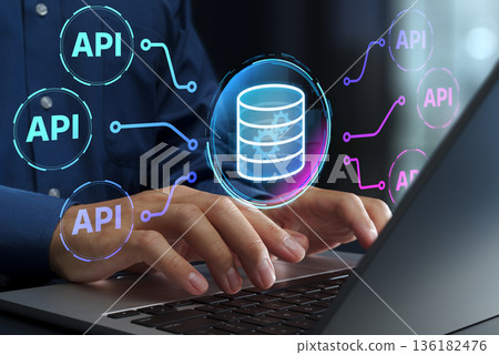 API automation technology. Workflow integration and data exchange for cloud servers. Laptops. API automation technology. Workflow integration and data exchange for cloud servers. Laptops. 136182476