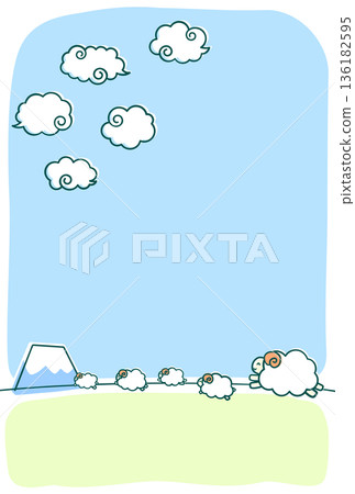 一幅溫馨的插圖，描繪了一群笑容燦爛的綿羊在富士山和雲朵的背景下跳躍，非常適合作為羊年新年賀卡。 136182595