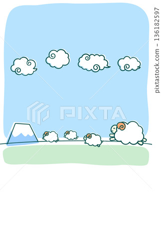 A heartwarming, textless New Year's card for the Year of the Sheep: A smiling mother and baby sheep jumping against the backdrop of Mt. Fuji and clouds A heartwarming, textless New Year's card for the Year of the Sheep: A smiling mother and baby sheep jumping against the backdrop of Mt. Fuji and clouds 136182597