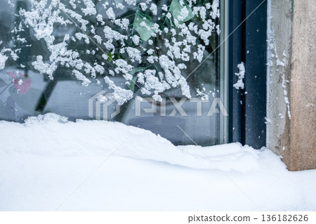 Snow Covered Window With Frost And Indoor Plants During Winter 136182626