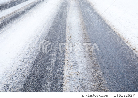 Icy Winter Road Surface With Snow Slush And Tire Tracks Icy Winter Road Surface With Snow Slush And Tire Tracks 136182627