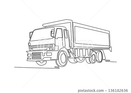 Continuous one line drawing multi-axle tipper dump truck. Massive bulk material transport construction projects and industrial earthmoving services. Single line draw design vector graphic illustration Continuous one line drawing multi-axle tipper dump truck. Massive bulk material transport construction projects and industrial earthmoving services. Single line draw design vector graphic illustration 136182636