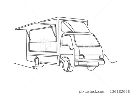 Continuous one line drawing mobile food truck with an open service window. Street food culture, retail business, and commercial catering logistics. Single line draw design vector graphic illustration Continuous one line drawing mobile food truck with an open service window. Street food culture, retail business, and commercial catering logistics. Single line draw design vector graphic illustration 136182638
