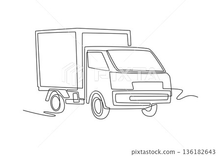 Single continuous line drawing urban cargo delivery box truck. Local courier logistics, small business freight transport, city distribution services. One line draw graphic design vector illustration Single continuous line drawing urban cargo delivery box truck. Local courier logistics, small business freight transport, city distribution services. One line draw graphic design vector illustration 136182643