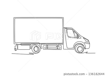 Single continuous line drawing modern light commercial box van or delivery truck. Large storage area used for urban logistic, courier services. Dynamic one line draw graphic design vector illustration Single continuous line drawing modern light commercial box van or delivery truck. Large storage area used for urban logistic, courier services. Dynamic one line draw graphic design vector illustration 136182644