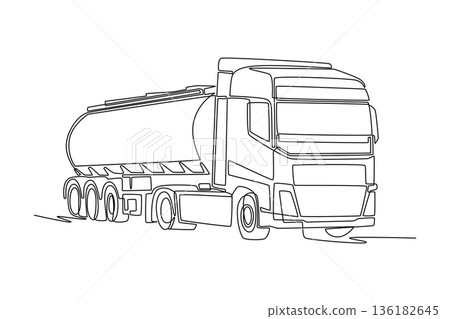 Single continuous line drawing semi trailer tanker truck, depicting industrial fuel transport, chemical delivery logistics, petroleum cargo shipping. One line draw graphic design vector illustration Single continuous line drawing semi trailer tanker truck, depicting industrial fuel transport, chemical delivery logistics, petroleum cargo shipping. One line draw graphic design vector illustration 136182645