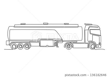 Single continuous line drawing side view of long distance tanker truck. Professional and efficient chemical supply, energy transport, fuel logistics. One line draw graphic design vector illustration Single continuous line drawing side view of long distance tanker truck. Professional and efficient chemical supply, energy transport, fuel logistics. One line draw graphic design vector illustration 136182646