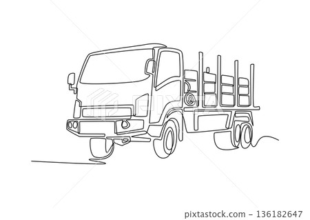 Single continuous line drawing flatbed stake truck used for commercial cargo delivery. Industrial transport logistics and professional freight haulage. One line draw graphic design vector illustration Single continuous line drawing flatbed stake truck used for commercial cargo delivery. Industrial transport logistics and professional freight haulage. One line draw graphic design vector illustration 136182647