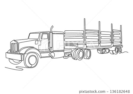 Single continuous line drawing timber transport log truck with skeletal trailer. Forestry industry, raw material logistic, and heavy duty wood haulage. One line draw graphic design vector illustration Single continuous line drawing timber transport log truck with skeletal trailer. Forestry industry, raw material logistic, and heavy duty wood haulage. One line draw graphic design vector illustration 136182648