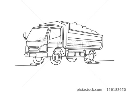 Single continuous line drawing medium-sized dump truck filled with material. Construction-themed icon, industrial branding, logistic editorial content. One line draw graphic design vector illustration 136182650