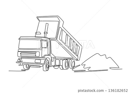 Single one line drawing industrial tipper dump truck unloading sand at a construction site. Heavy machinery work and civil engineering projects. Continuous line draw design graphic vector illustration 136182652