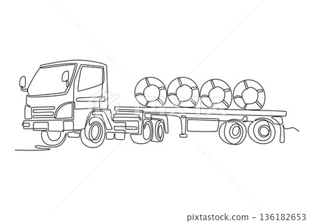 Single one line drawing medium-duty flatbed truck loaded with four large industrial cable reels or spools. Supply delivery and freight logistic. Continuous line draw design graphic vector illustration Single one line drawing medium-duty flatbed truck loaded with four large industrial cable reels or spools. Supply delivery and freight logistic. Continuous line draw design graphic vector illustration 136182653