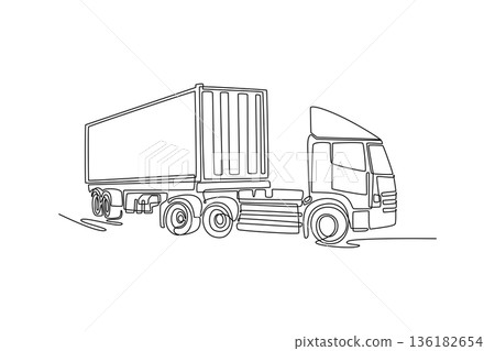 Single one line drawing trailer truck carrying large shipping container. Global logistic, commercial delivery, and international trade industry. Continuous line draw design graphic vector illustration 136182654