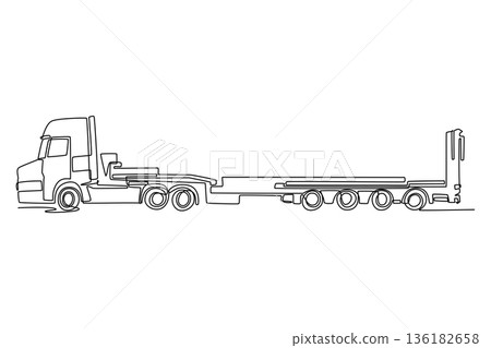 Single one line drawing side view heavy duty low loader commercial cargo truck with long trailer for industrial logistics and freight transport. Continuous line draw design graphic vector illustration Single one line drawing side view heavy duty low loader commercial cargo truck with long trailer for industrial logistics and freight transport. Continuous line draw design graphic vector illustration 136182658