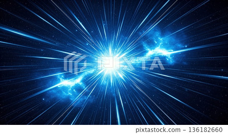 藍色光輻射和空間扭曲的抽象背景素材。高速通訊和技術的圖像。集中的線條。藍色圖形。 136182660