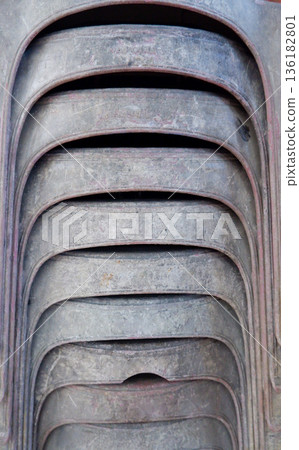 Stack of Old Dusty Gray Plastic Chairs 136182801