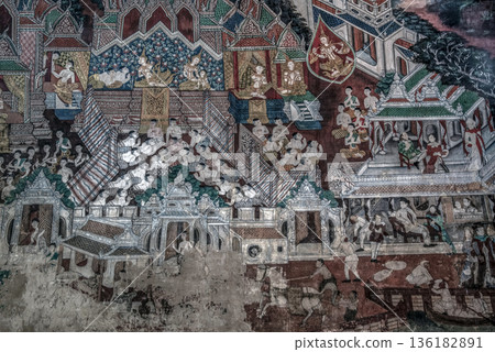The Gorgeous Painting Wall of Wat Kongkharam Rajavaravihara Temple (Photharam). Tell the story of Buddhism. 136182891