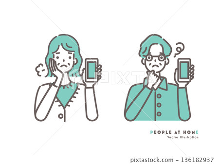 一幅描繪老年男性和女性擔心擁有智慧型手機的插圖，綠色雙色調 136182937