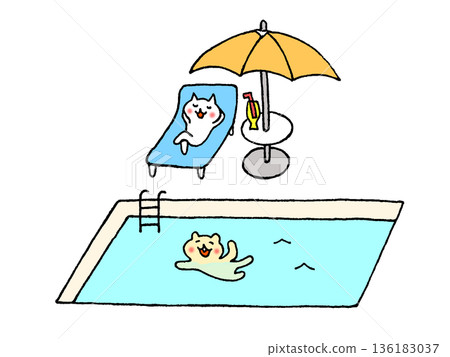 Illustration of a pool and cute animals by the pool Illustration of a pool and cute animals by the pool 136183037