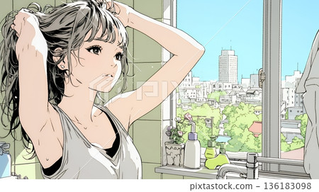 Morning preparation: Young woman tying her hair in the bathroom Morning preparation: Young woman tying her hair in the bathroom 136183098