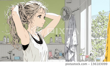 晨間準備：年輕女子在浴室紮頭髮 136183099