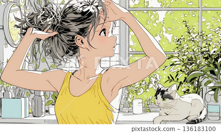 晨間準備：年輕女子在浴室紮頭髮 136183100