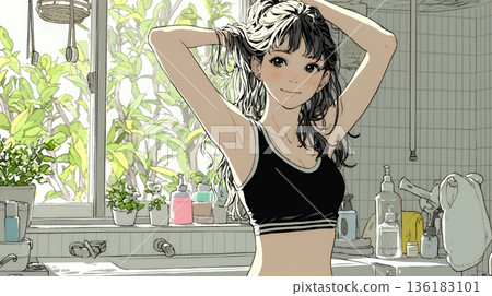 晨間準備：年輕女子在浴室紮頭髮 136183101