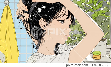 晨間準備:年輕女子在浴室紮頭髮 晨間準備:年輕女子在浴室紮頭髮 136183102