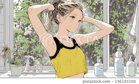 晨間準備:年輕女子在浴室紮頭髮 晨間準備:年輕女子在浴室紮頭髮 136183108