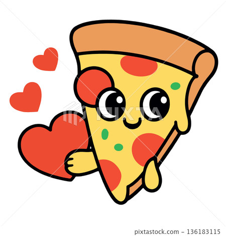 Cute pizza slice cartoon holding heart, smiling with big eyes, pepperoni, cheese, playful Cute pizza slice cartoon holding heart, smiling with big eyes, pepperoni, cheese, playful 136183115