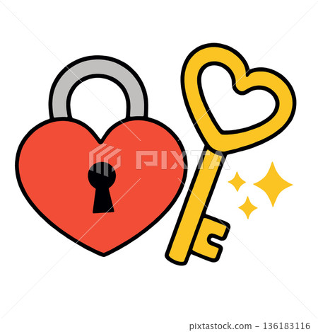 Heart lock key love romance security yellow red illustration sparkle 136183116