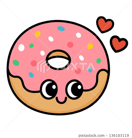 Cute pink frosted donut with sprinkles, cartoon face, and hearts, expressing love and happiness 136183119