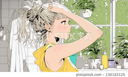 晨間準備:年輕女子在浴室紮頭髮 晨間準備:年輕女子在浴室紮頭髮 136183120