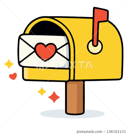 Yellow mailbox love letter red heart cute cartoon cheerful envelope flag 136183131