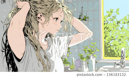 Morning preparation: Young woman tying her hair in the bathroom 136183132