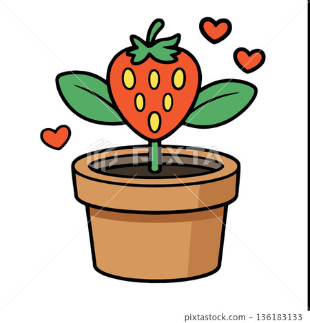 Strawberry plant in brown pot with green leaves and red hearts, cute cartoon style 136183133