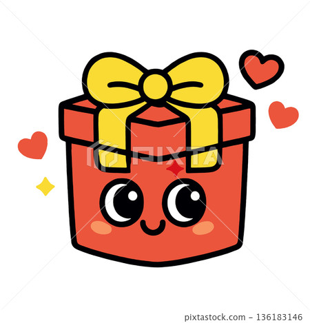 Cute red gift box with yellow ribbon, smiling face, hearts, cartoon style, joyful emotion Cute red gift box with yellow ribbon, smiling face, hearts, cartoon style, joyful emotion 136183146