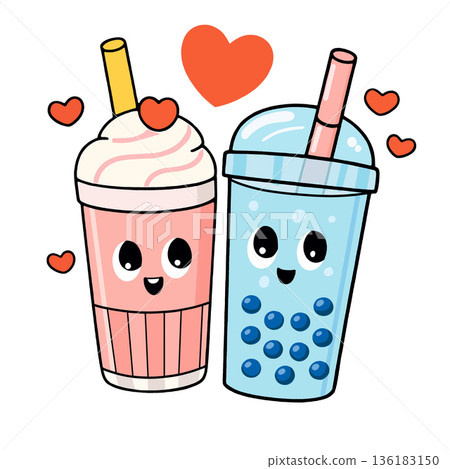 Cute milkshake bubble tea kawaii heart happy cartoon love sweet drink illustration Cute milkshake bubble tea kawaii heart happy cartoon love sweet drink illustration 136183150