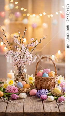 Festive Easter Table Setting with Colorful Eggs, Spring Flowers, and Bokeh Lights 136183195