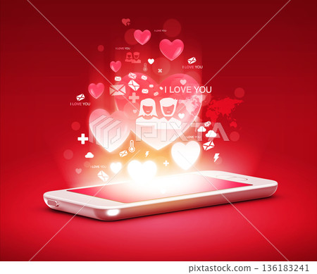 Love concept with mobile phone on red background. Love concept with mobile phone on red background. 136183241