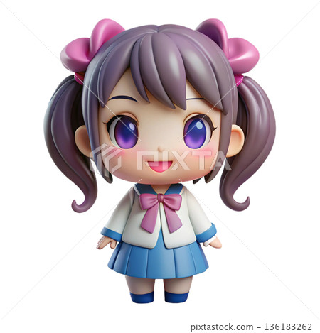 Cute 3D cute chibi anime girl figure wearing  frilly dress White Background 136183262